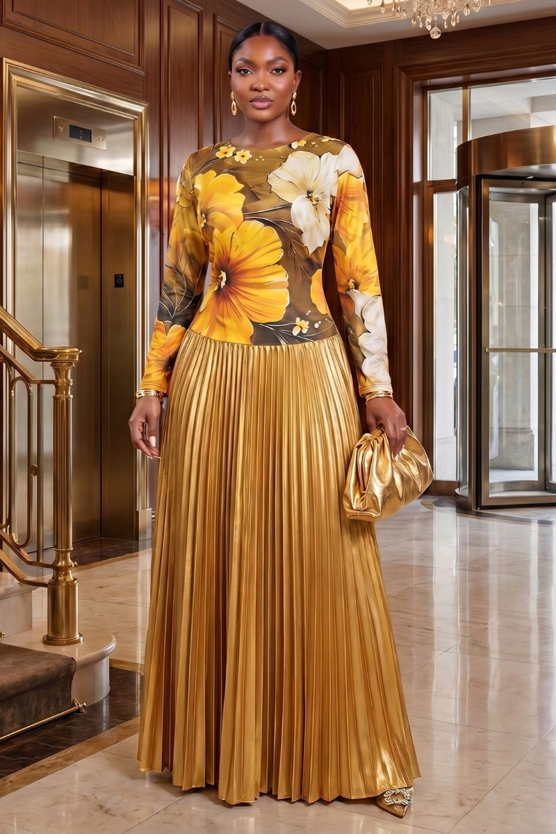 Cascade Pleat Dress | Gold _PRE-ORDER