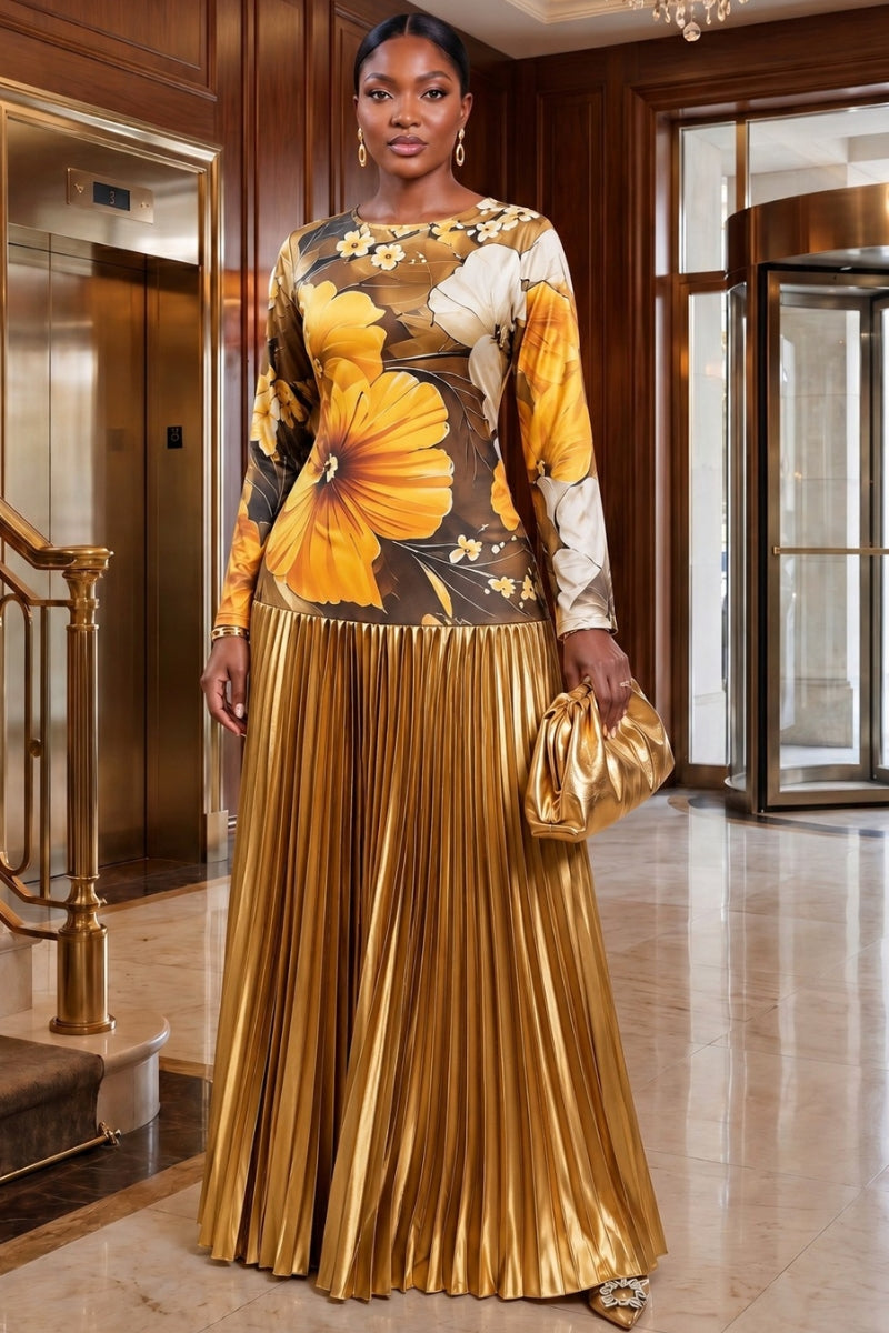 Cascade Pleat Dress | Gold