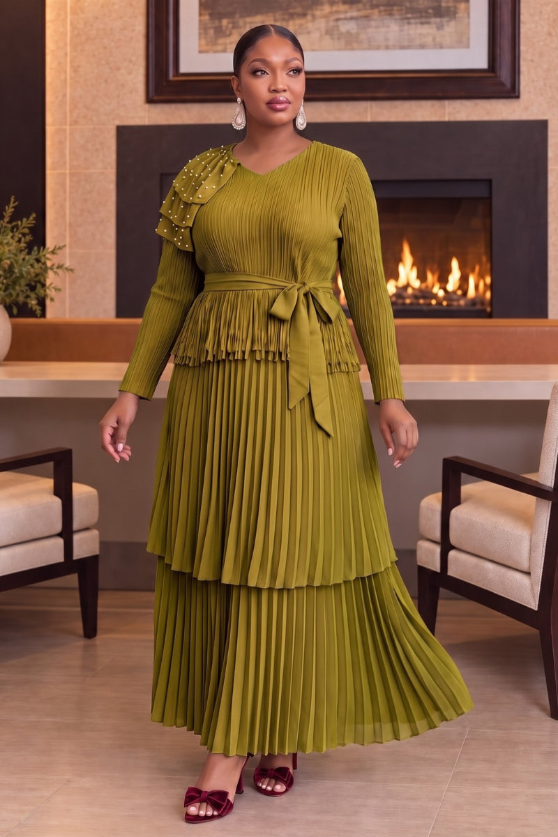 Amarisse Pearl Skirt Set | Olive Green