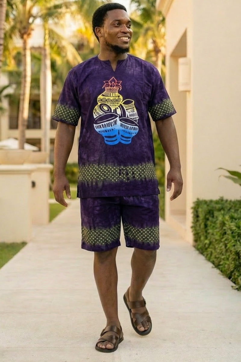 Akin Raving 2-Piece Adire Short Set | Purple