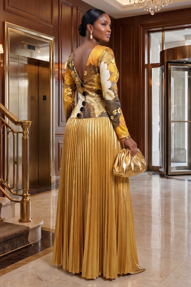 Cascade Pleat Dress | Gold _PRE-ORDER