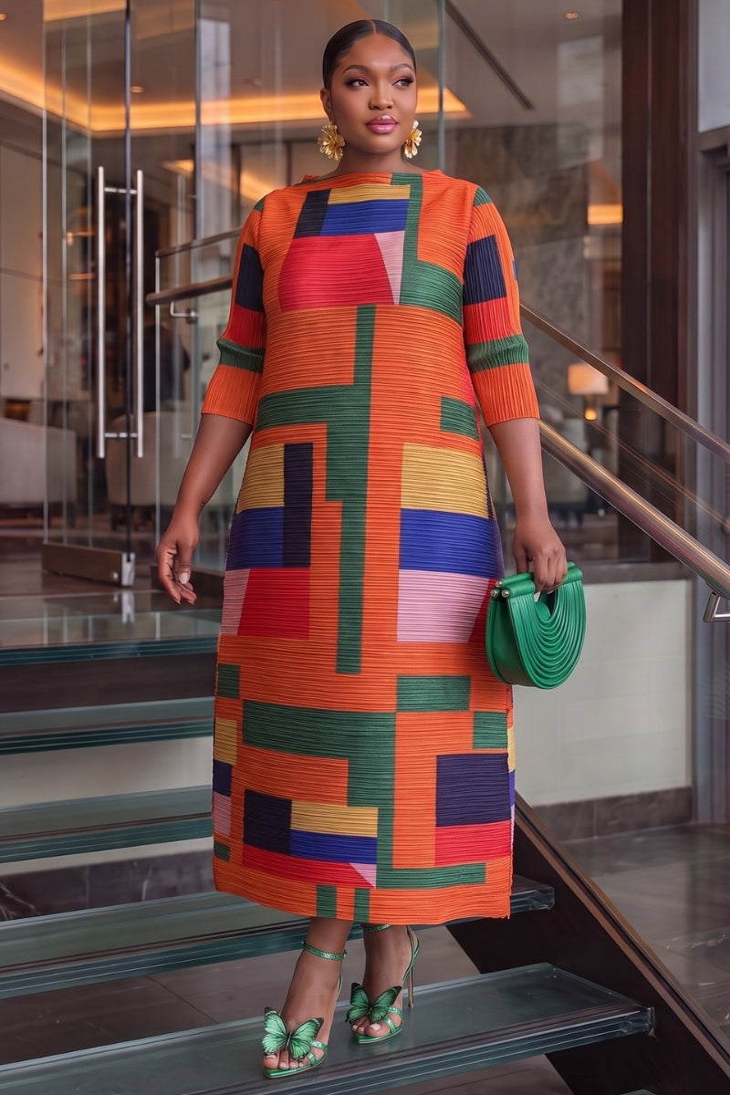 Arden Grid Pleat Dress | Orange