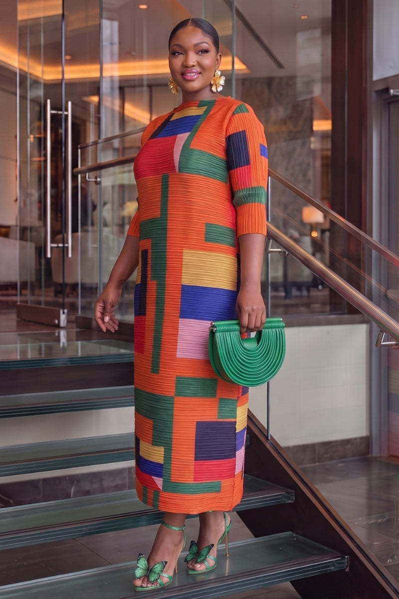 Arden Grid Pleat Dress | Orange