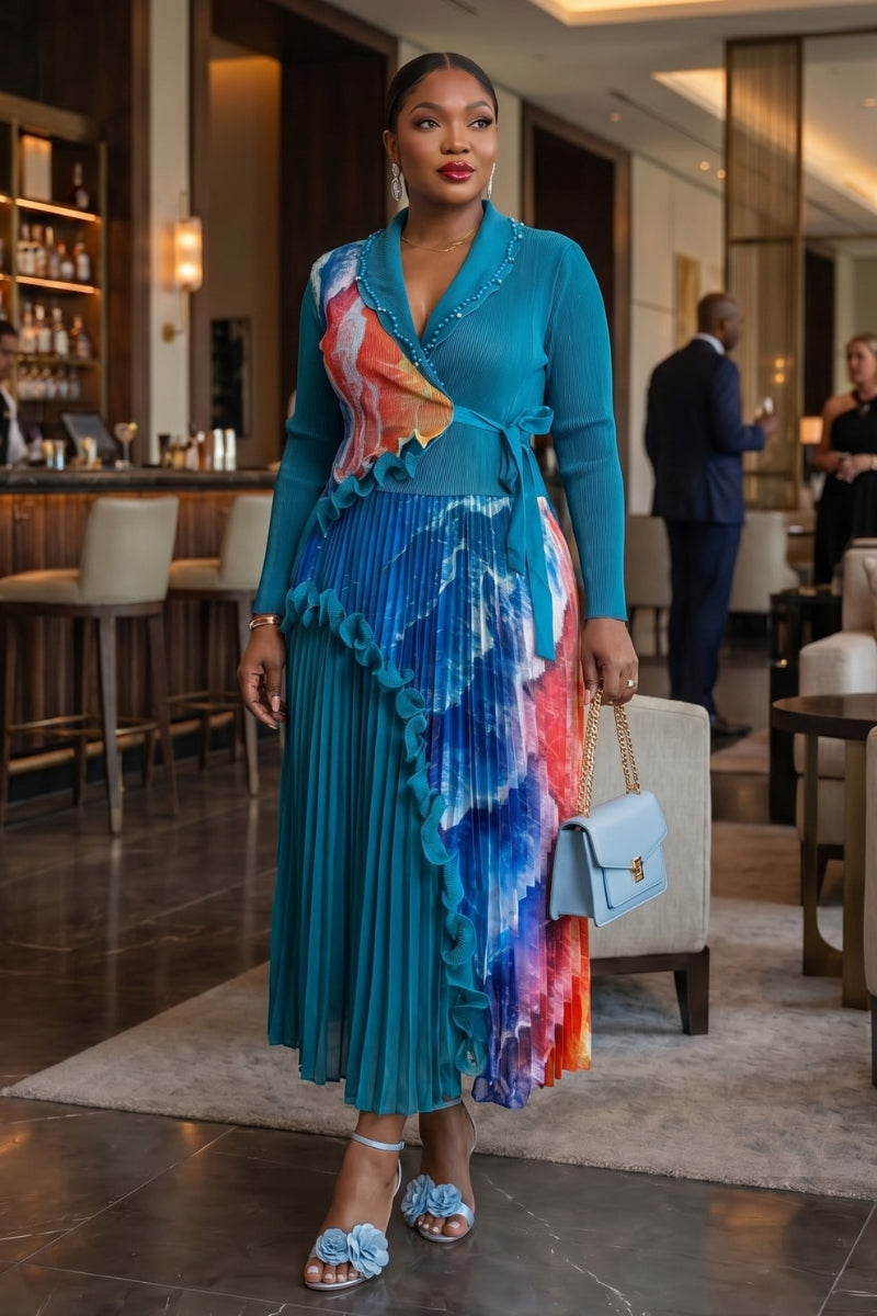 Velisse Ruffle Pleat Dress | Greenish Blue